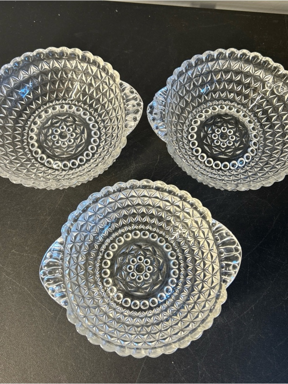 3 Vintage Cut Glass Bowls W/Handles Diamond Hobnail Pattern 6”